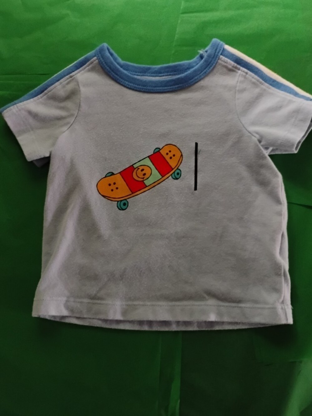 Cat & Jack Baby Light Blue Tee w Colorful Striped Sleeve And Skateboard Graphic
